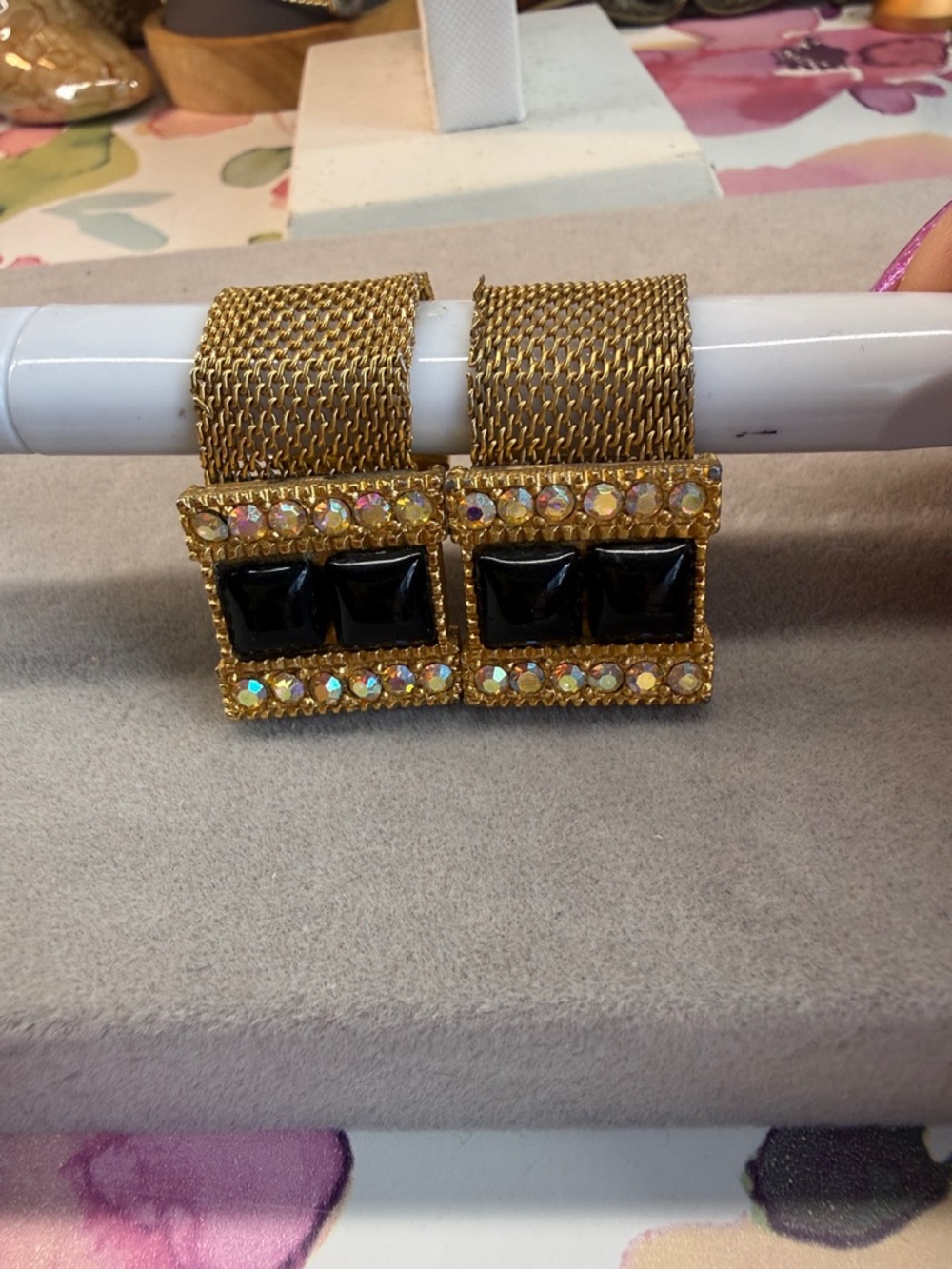 Gold-Tone Black Stone Square Mesh Bracelet - Women Jewelry